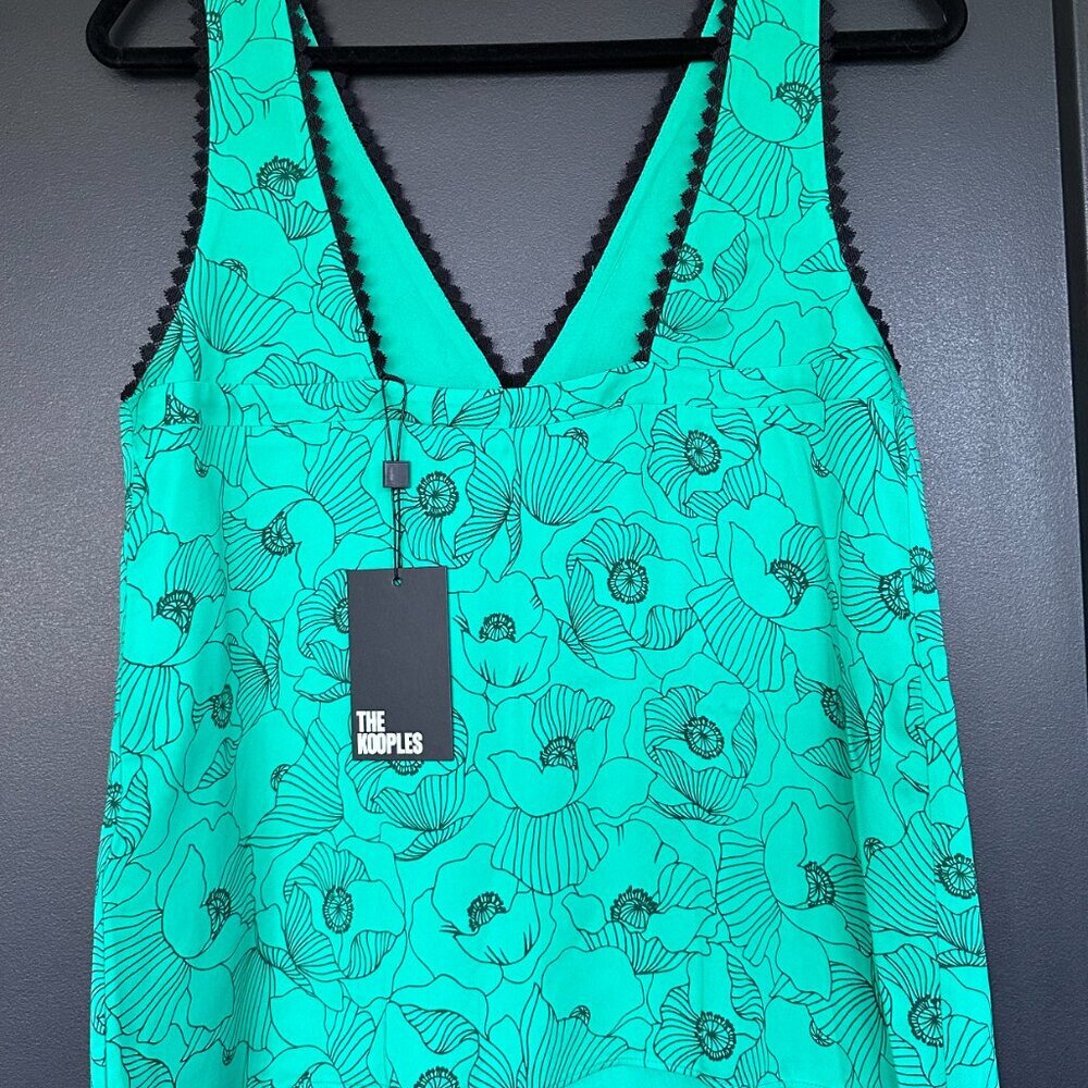 NWT | The Kooples | Green Poppy Floral Print | Tank Top | Black Lace Details - Picture 7 of 10